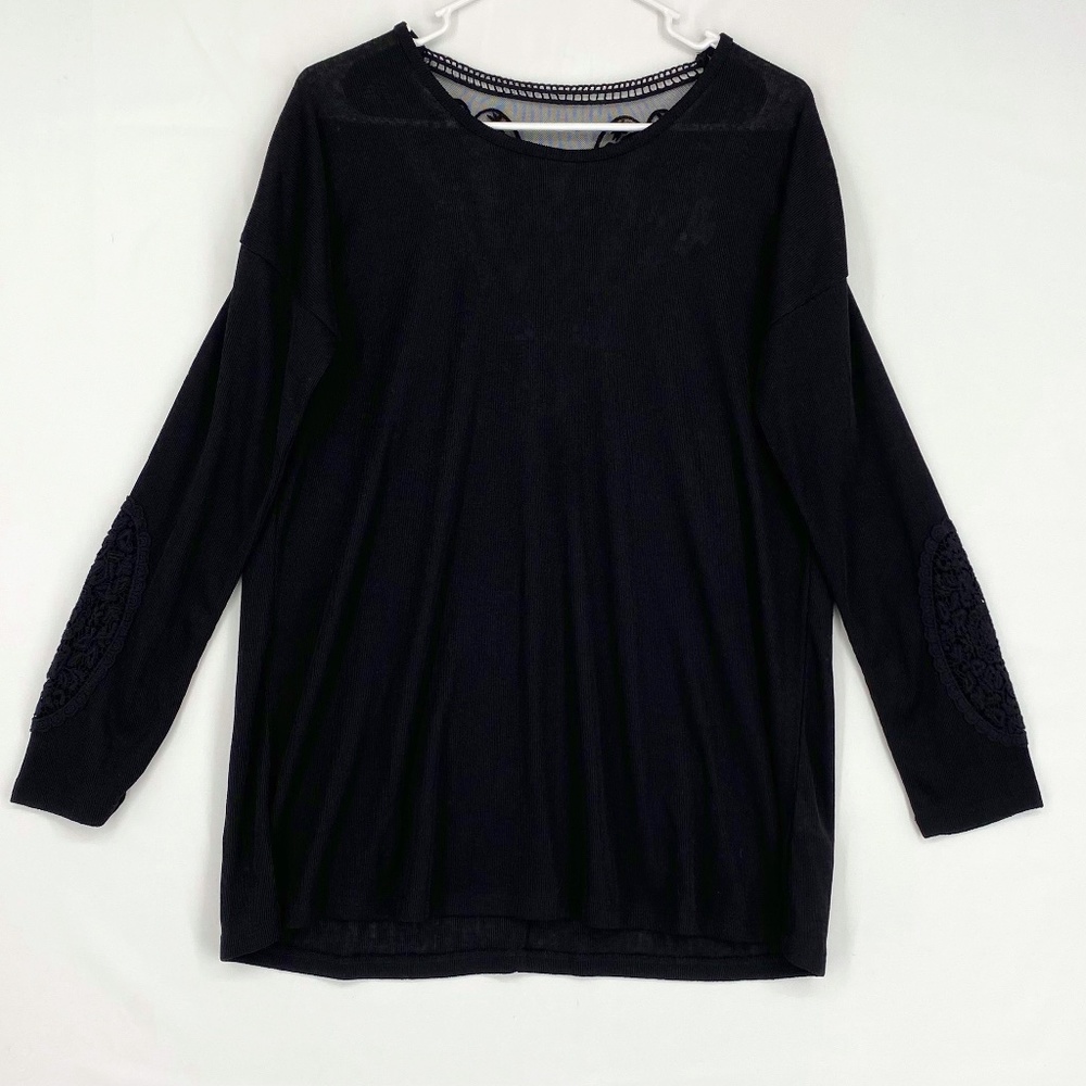 Simply Noelle Womens Small Medium Pullover Sweater Black Crochet Lace Trim LS